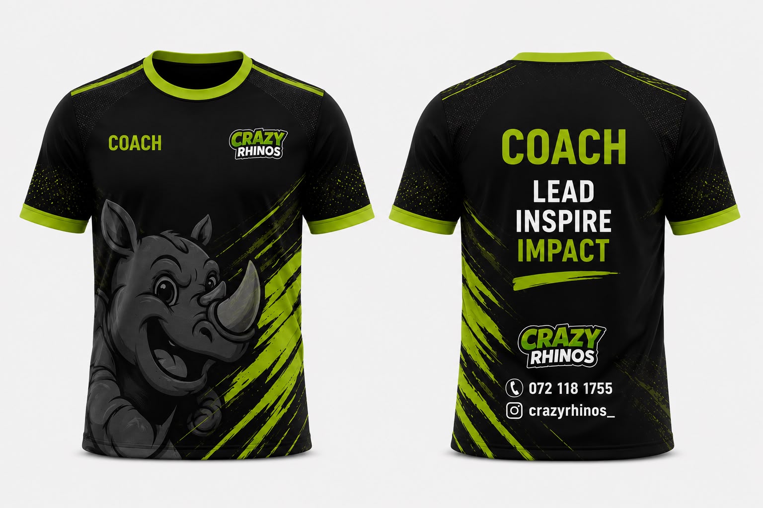 Crazy Rhinos black and lime coach shirt concept showing the brand colours